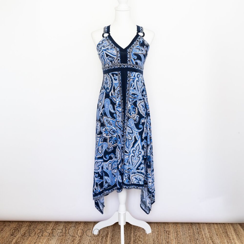 INC Paisley Hanky Hem M Petite Dress Blue Empire Waist Summer Coastal Resortwear